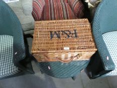 Fortnum & Mason wicker hamper containing coin collecting cards and vintage dominoes