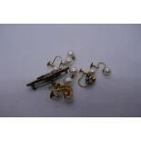 Pretty 9ct mourning brooch inset two sapphires and collection of 9ct screw on earrings, mostly hung