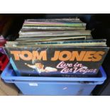 A box and two cases of LPs to include Tom Jones, 'The Moody Blues', Bee Gees, Simon and Garfunkel, e