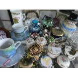 Shelf of porcelain trinket boxes, pair Goebel Claude Monet Coffee cups and saucers, Mdina vase, pape
