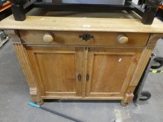 Pine 2 door, one drawer small, sideboard and a 3 drawer writing bureau on carved legs with key