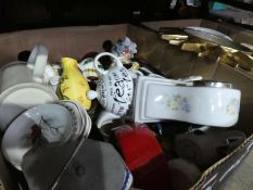 Three boxes of china sundry items to include chamber pots, tea pots, clocks, pictures, jugs, vases,