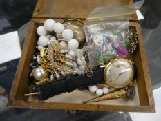 Small box costume jewellery to include Mother of Pearl brooch, vintage watch, etc