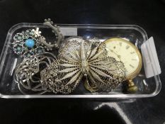 Small collection of costume jewellery to include Waltham pocket watch, Continental ladies pocket wat