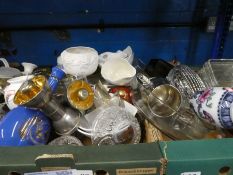 Four boxes of china, glass and sundries to include Portmeirion vase, glasses, church lamp, plates, s