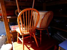 Two pine hoop and stick back chairs, box collectables, pictures, coffee table, wooden stool, trunk o