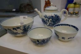 Four antique blue and white items bearing the early Worcester mark, including teapot, large bowl and