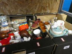 3 boxes of china and collectables to include collectors plates, Oriental style tea pot, souvenir ite