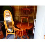 Small waxed pine drop leaf kitchen table with 4 country pine chairs and freestanding floor mirror