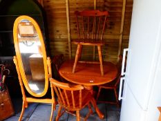 Small waxed pine drop leaf kitchen table with 4 country pine chairs and freestanding floor mirror