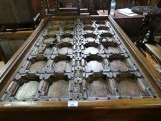 Large rectangular hardwood coffee table constructed from a Church door