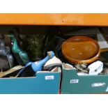 Two boxes of sundry to include duck brushes, Royal Doulton orange bowl, glass door knobs, pictures a