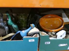 Two boxes of sundry to include duck brushes, Royal Doulton orange bowl, glass door knobs, pictures a