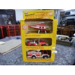 Vintage Gabriel Diecast Mighty Meter Fire Force set containing fire engine, jeep and helicopter
