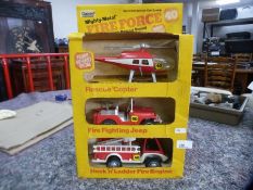 Vintage Gabriel Diecast Mighty Meter Fire Force set containing fire engine, jeep and helicopter