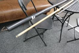 Thurstons Snooker cue, 16oz Horas Lindrum and a white metal handled walking cane