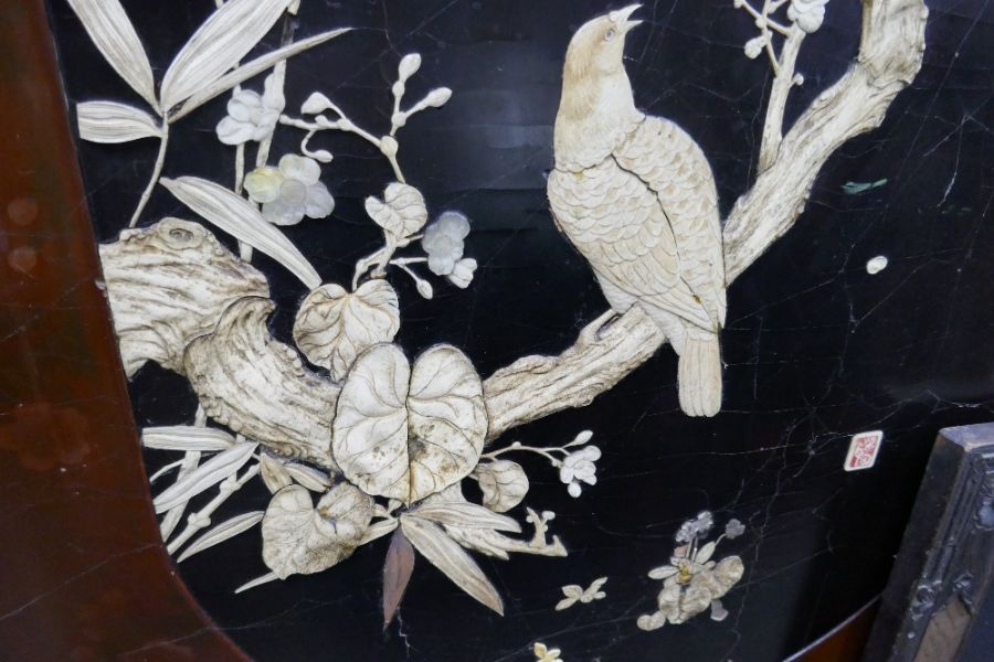 Oriental carved draft screen having 2 panels with Ivory decorated birds and flowers and 3 other simi - Image 2 of 6