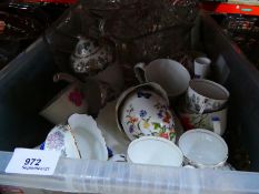 A box of china, mostly comprising teacups and saucers, some marked Paragon
