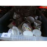 A box of china, mostly comprising teacups and saucers, some marked Paragon