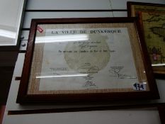 La Ville de Dunkerque certificate, plus a selection of framed and glazed maps and commemorative cert