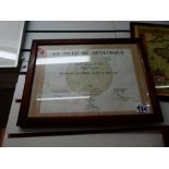 La Ville de Dunkerque certificate, plus a selection of framed and glazed maps and commemorative cert