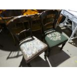 Three mahogany dining chairs with gold seats and spindle backs, and two balloon back tapestry seat c