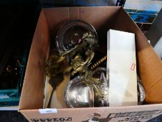 A box of metal ware to include silver plate and brass wall light fittings