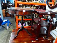 Two small tables, one circular one with inlaid leather top and drawer, with a rectangular oak versio