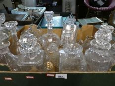 Two boxes of cut glass decanters, glass bowls and cake stand