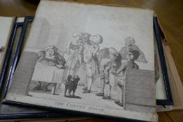 Three antique caricature prints and sundry
