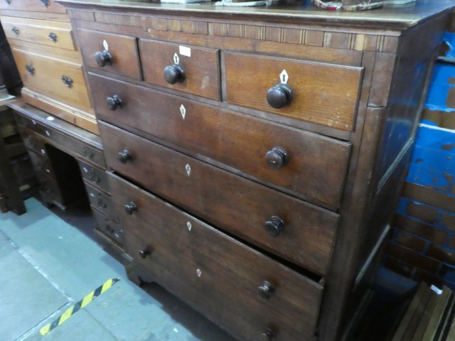 Large oak and mahogany inlaid chest of drawers with 3 mini drawers above cupboards