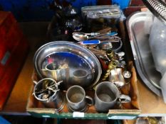 A box of various silver plate and pewter items