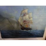 Two framed prints and a picture depicting boats and religious themes, etc