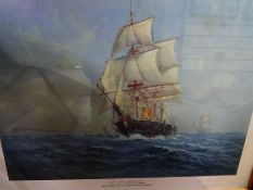 Two framed prints and a picture depicting boats and religious themes, etc