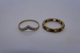 9ct yellow gold wishbone ring set with diamond chips together with a garnet and seed pearls set eter