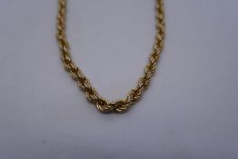 9ct yellow gold rope twist design necklace, marked 375, 62cm 11.6g