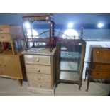 Stripped pine bank of 4 drawers, Victorian card table and contents and mahogany glazed display cabin