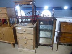 Stripped pine bank of 4 drawers, Victorian card table and contents and mahogany glazed display cabin