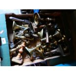 A box comprising mostly vintage metalware, including brass candlesticks and cutlery etc