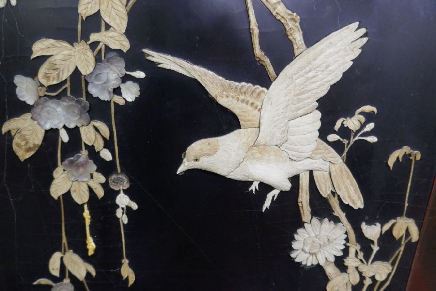 Oriental carved draft screen having 2 panels with Ivory decorated birds and flowers and 3 other simi - Image 5 of 6