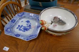 A Chinese blue and white square dish and an old salad bowl with servers on tomato feet