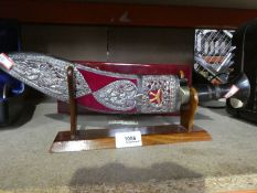Ornamental Gurkha knife on stand and a dagger in a wooden display box