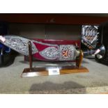 Ornamental Gurkha knife on stand and a dagger in a wooden display box