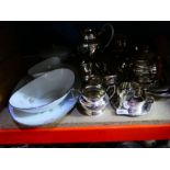 A selectin of silver plated items, tea pot, water jug, etc. Selection of Noritake china
