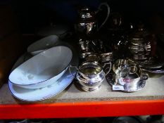 A selectin of silver plated items, tea pot, water jug, etc. Selection of Noritake china