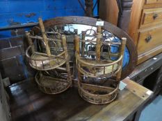Pair of bamboo wall shelves, oval mirror, another, loom footstool, folding cake stand etc