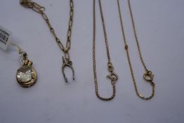 Two 9ct yellow gold neckchains, AF and a bracelet 9ct AF, 9.1g approx all marked 375, and 9ct pendan