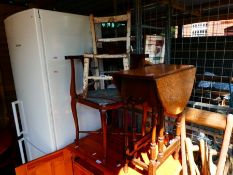 Carved corner chair with tapestry seat drop leaf coffee table and wooden child's chair