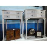 Taupe painted bedroom stand with 2 short and one long drawer with applied tartan detail and 2 drawer