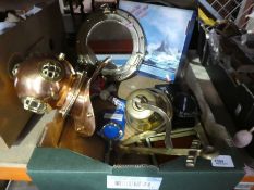 One box of ornamental Nautical items to include brass bell, diver's helmet, mirror, submarine clock